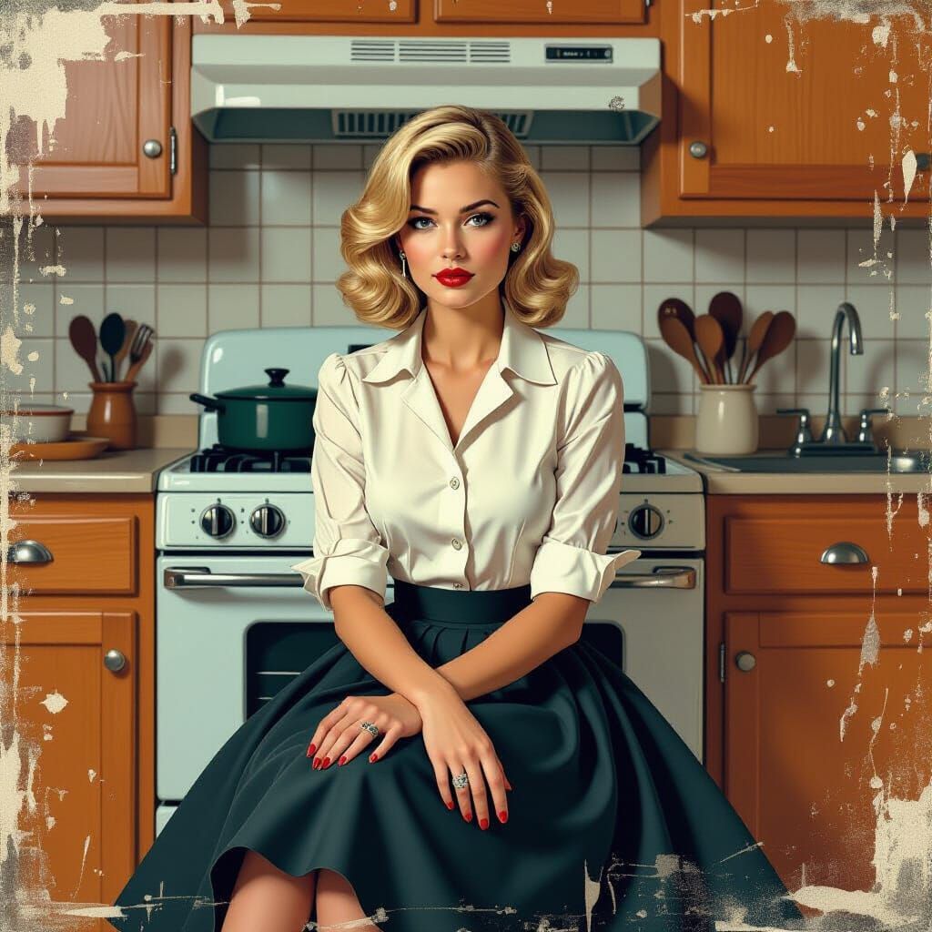 Noir Blonde in Retro Kitchen, Engraving and Glitch Art