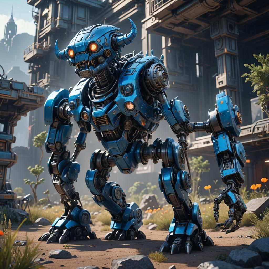 Futuristic Blue Robot Monster in Sci-Fi Style