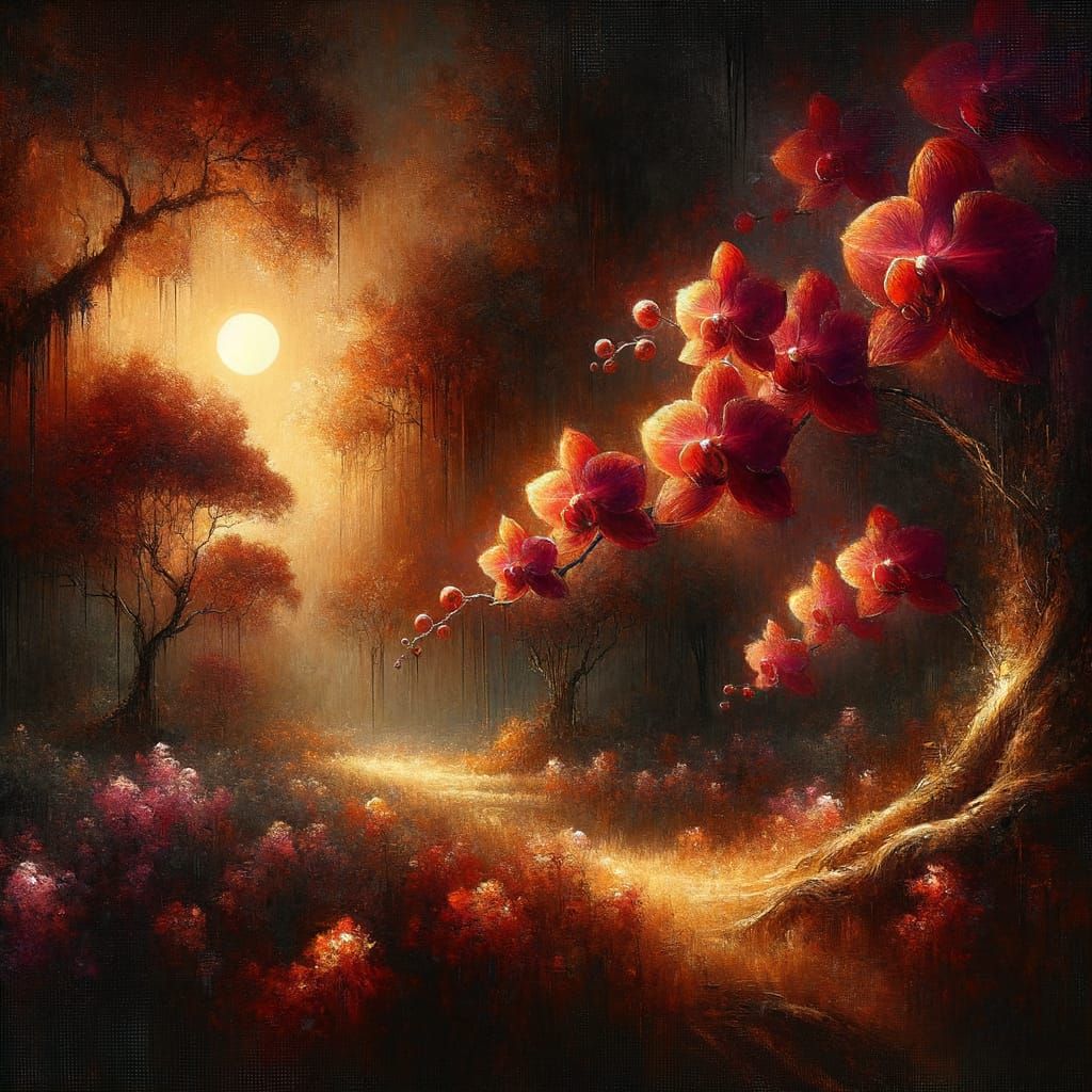 Romantic Moonlit Orchid Scene in Impressionist Style