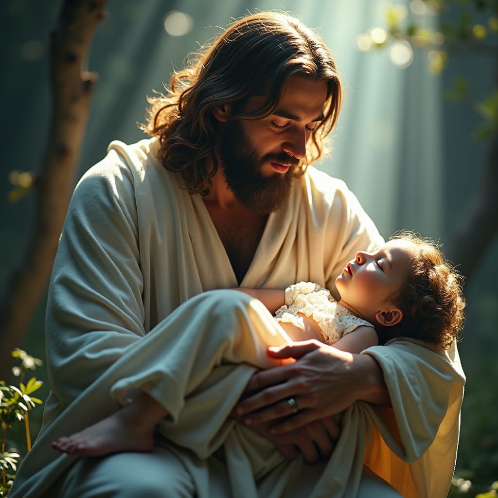 Jesus Comforts Weary Girl in Ethereal Fantasy Art