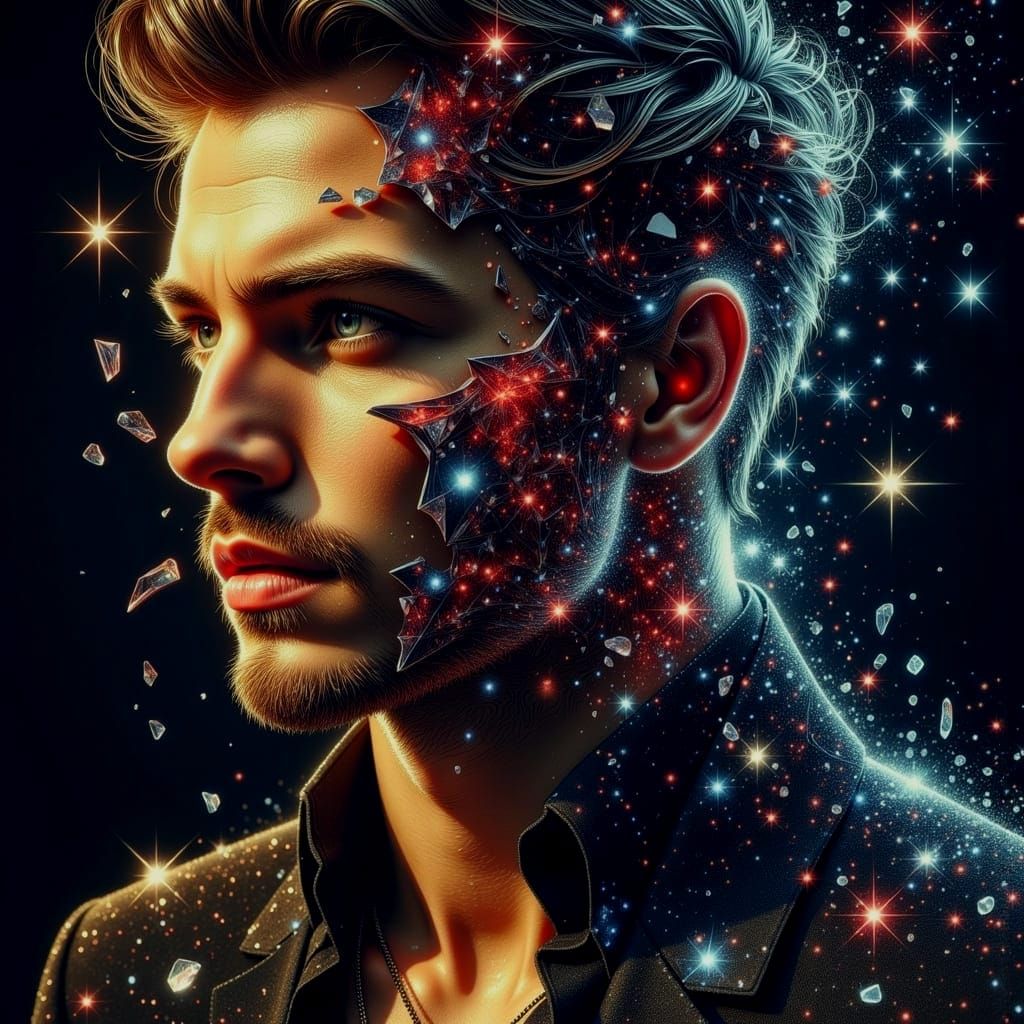 Shattered Masculine Portrait in Dark Fantasy Watercolor