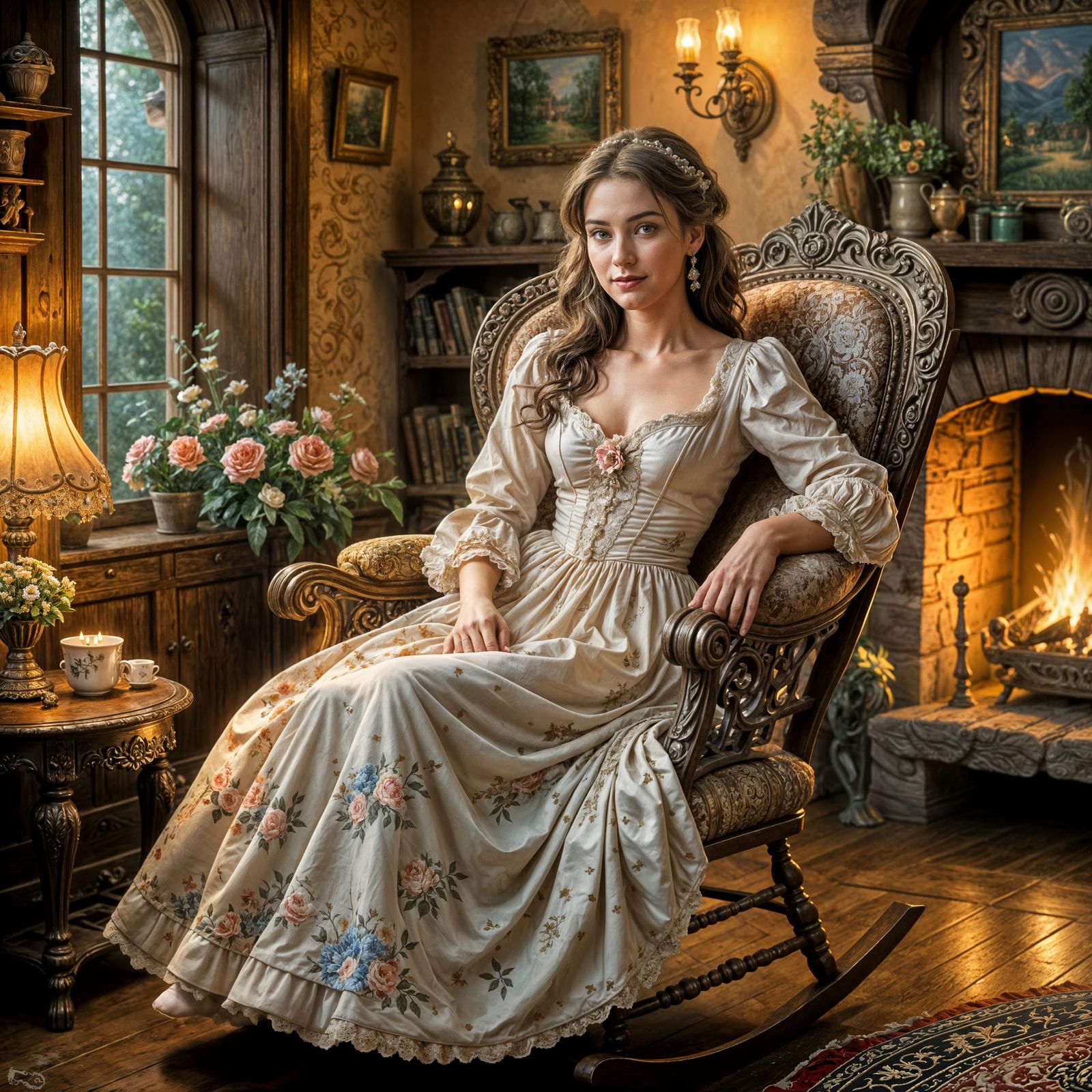 Woman in Ornate Rocker in Cottage, Kinkade Style