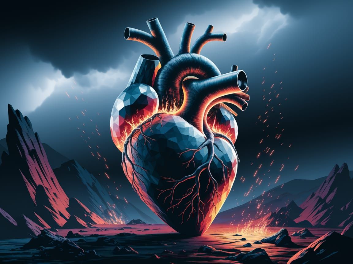 Mystical Heart Sculpture in Stormy Landscape