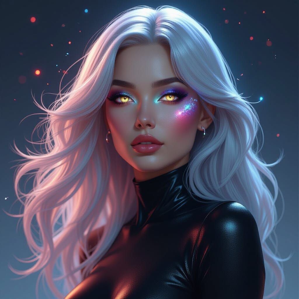 Ethereal Woman with Metallic Hair and Cosmic Reflections