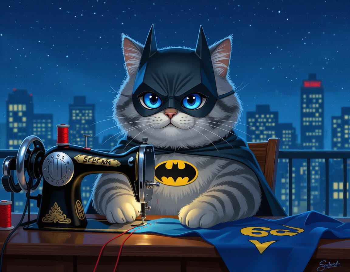 Chubby Tabby Cat Sews Superhero Suit in Cyberpunk Style