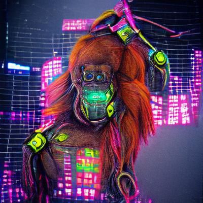 Cyberpunk Robotic Orangutan with Neon Background