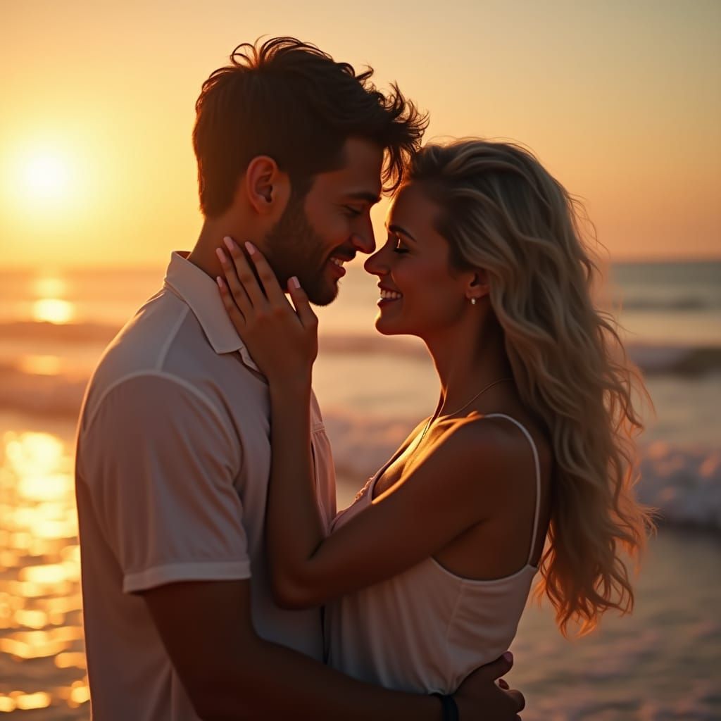 Romantic Couple Embrace at Sunset: Dreamlike Digital Art