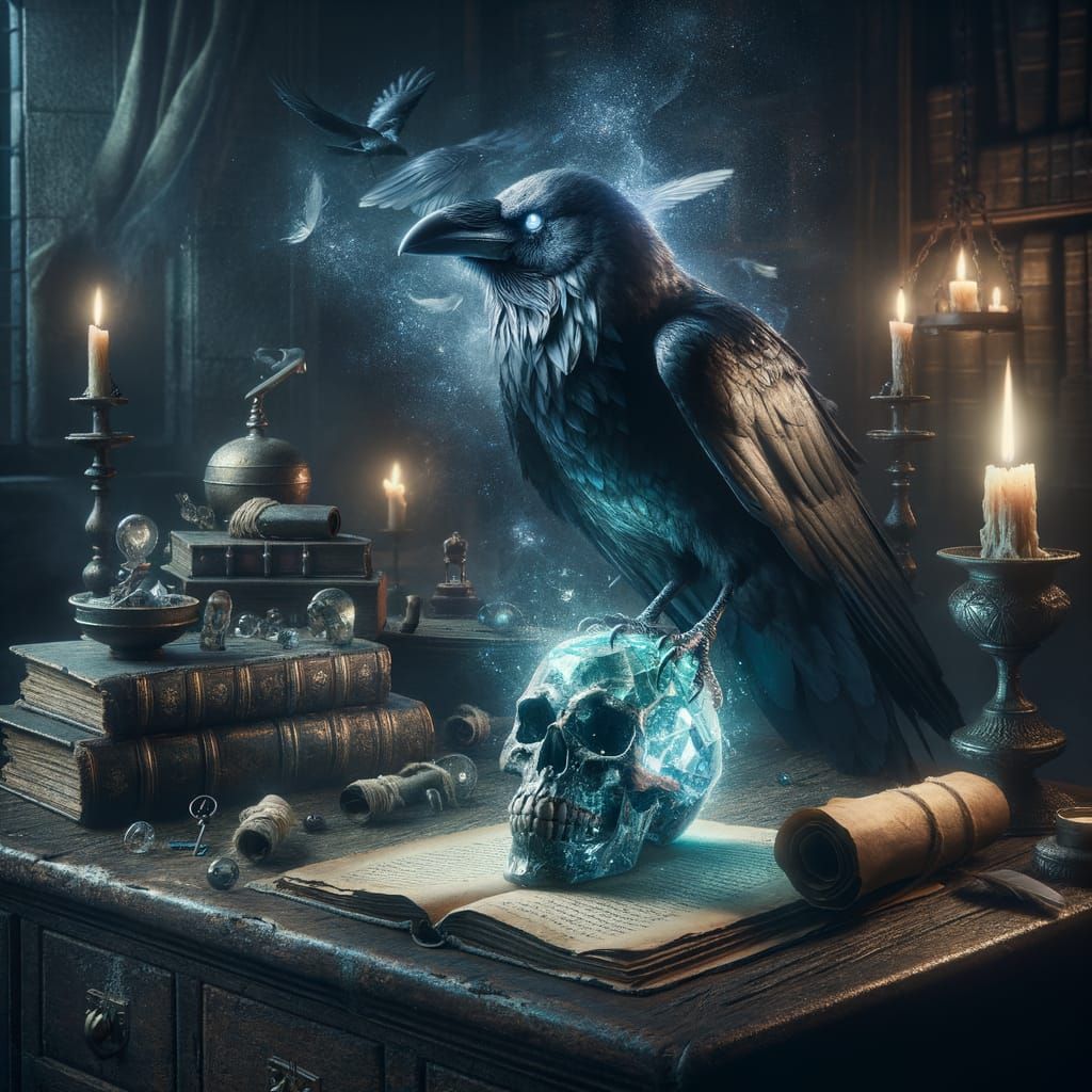 Mysterious Raven Holds Glowing Crystal Skull in Gothic Study