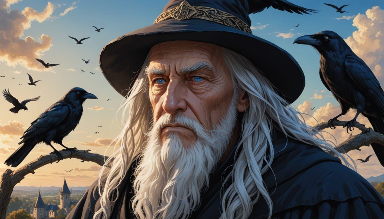 Wise Wizard with Crow in Blue Sky