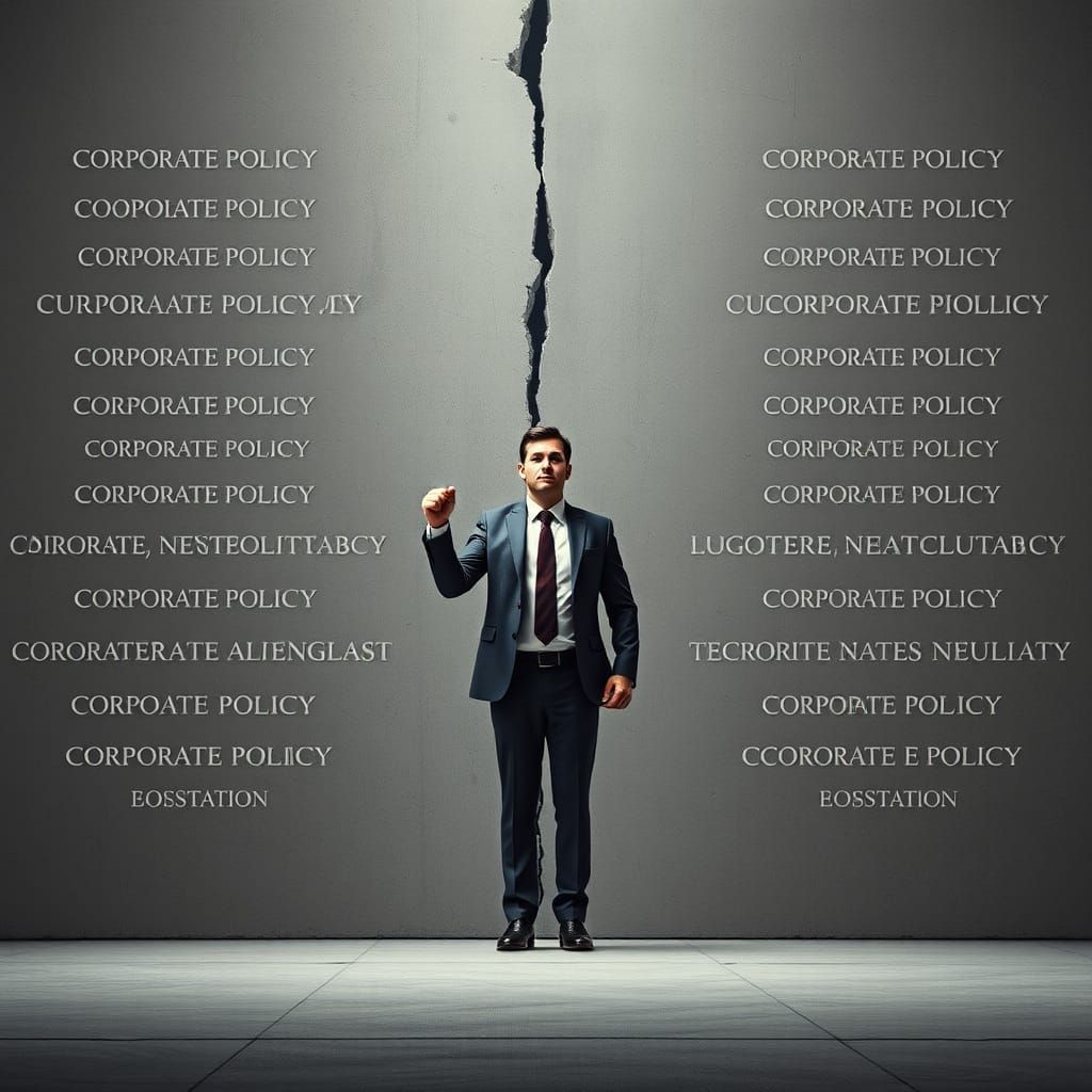 Defiant Man with Hammer Against Corporate Wall