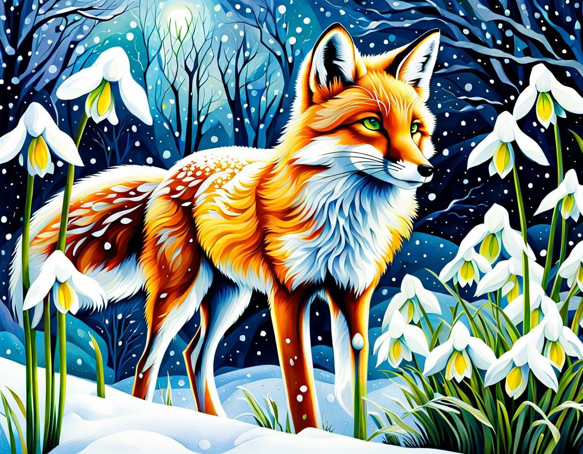 fox in the snow, with snowdrops