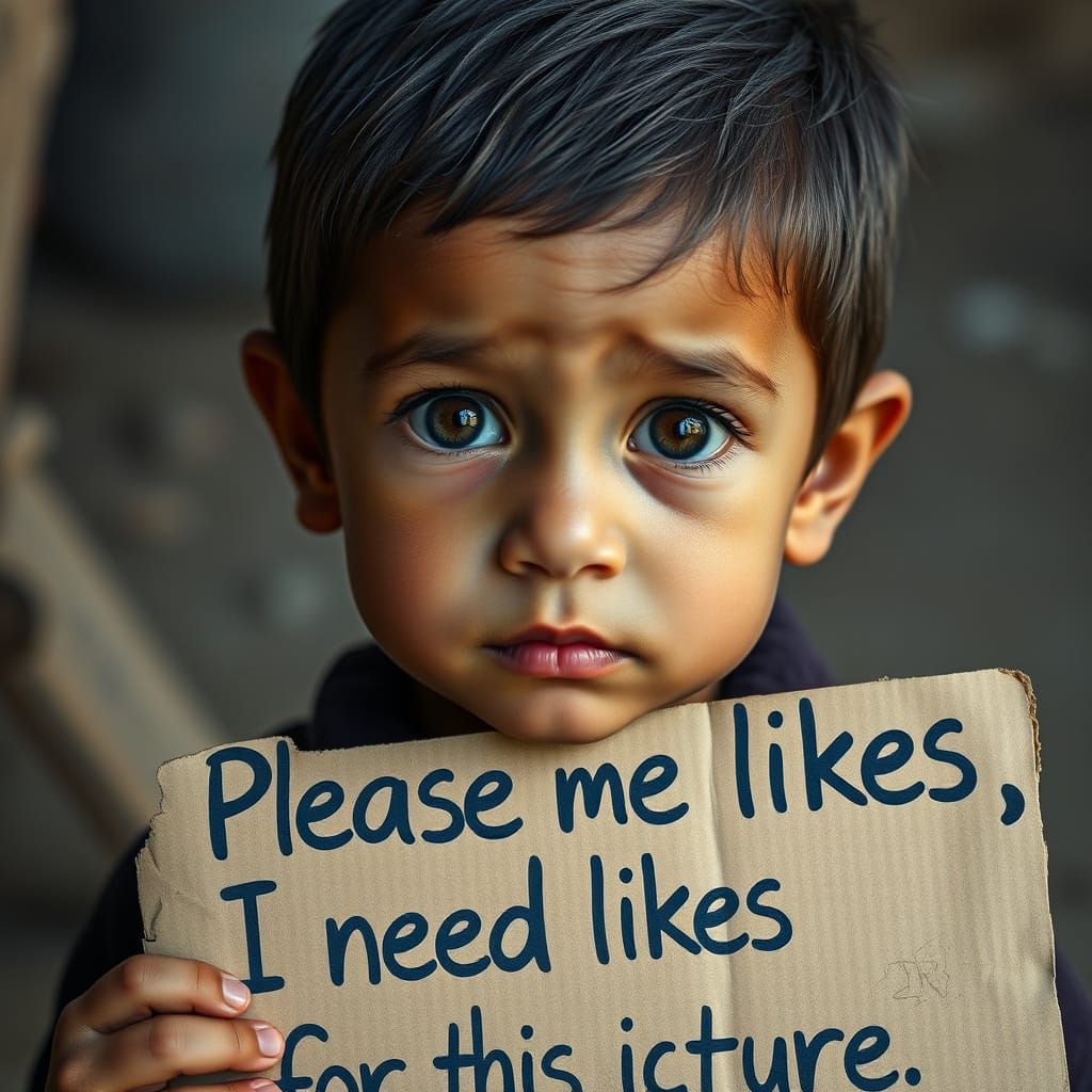 Emotional Boy Holding 'Need Likes' Sign
