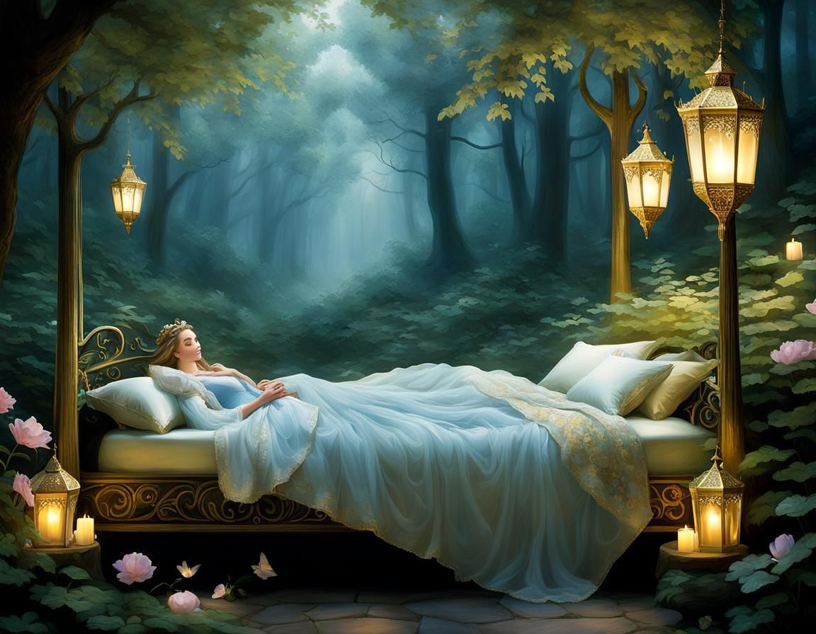 Sleeping Beauty's Kiss in Ethereal Watercolor Forest
