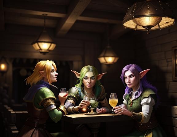 Female Goblins Enjoying Cocktails in Fantasy Tavern
