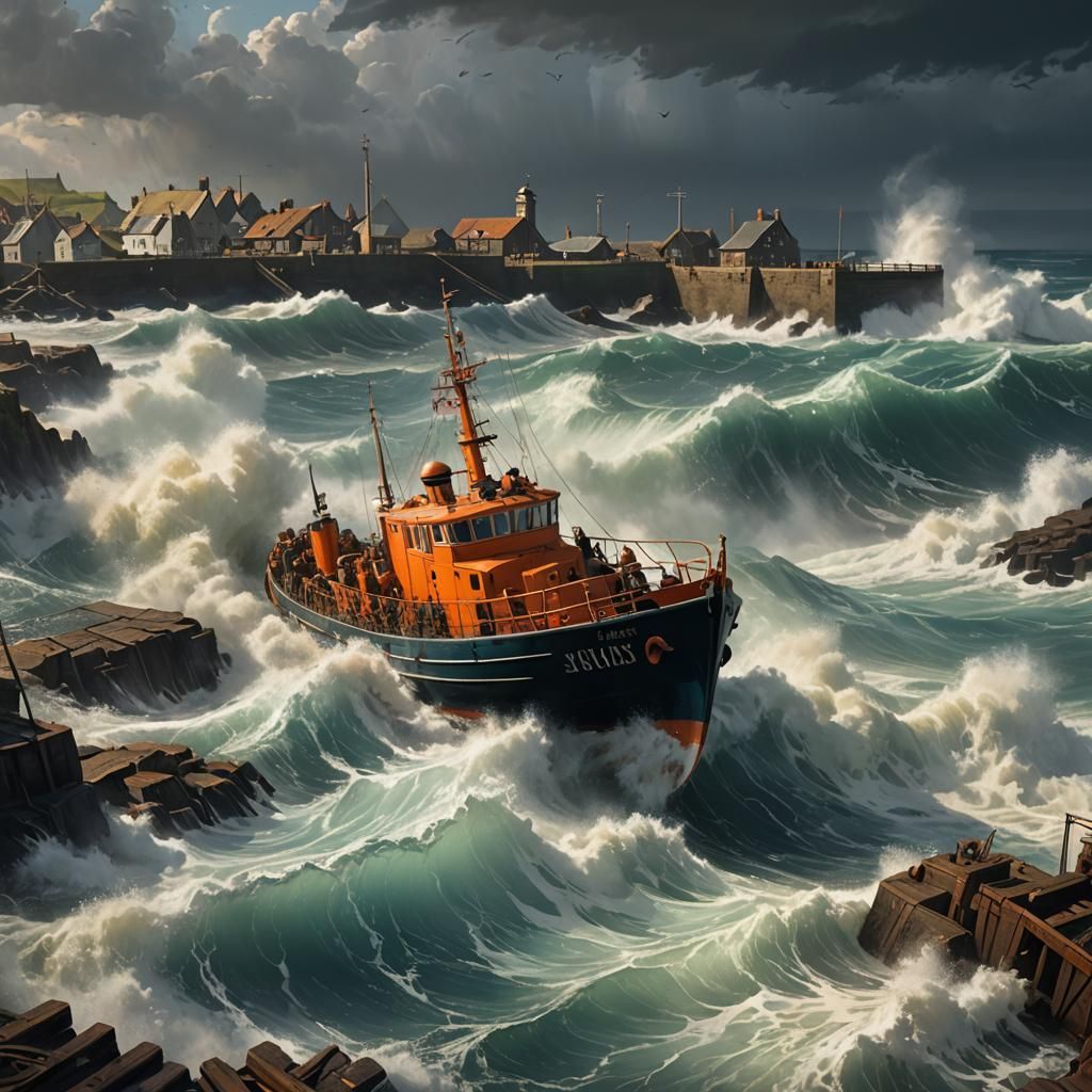 Lifeboat Launch into Stormy Sea: Concept Art