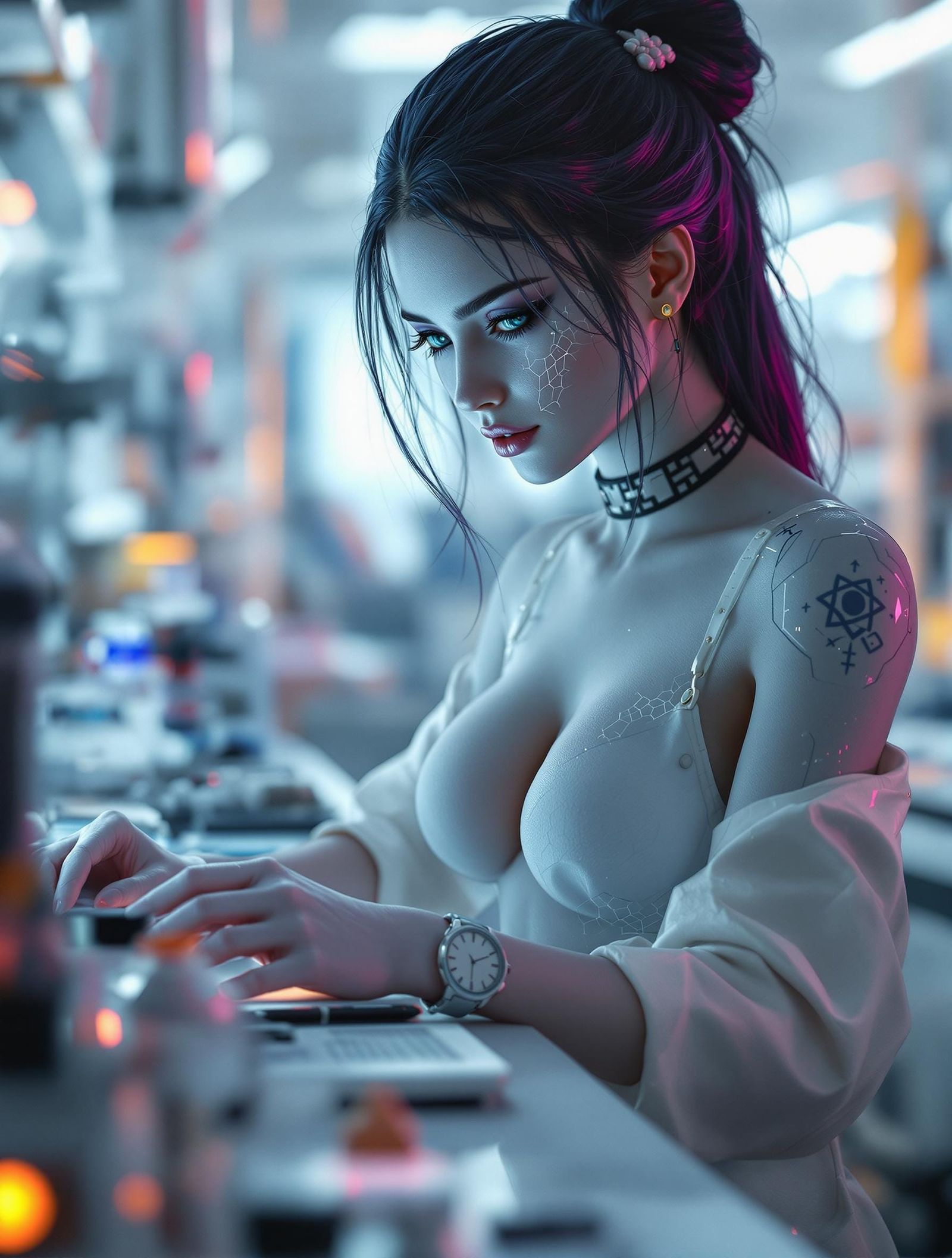 Tech Researcher in Futuristic Laboratory Setting