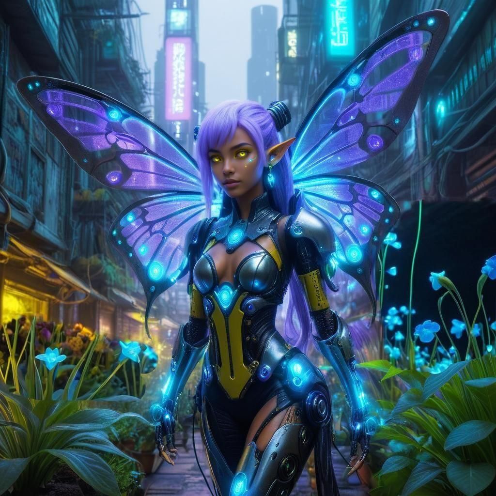 Biopunk Woman with Bioluminescent Garden in Cyberpunk City