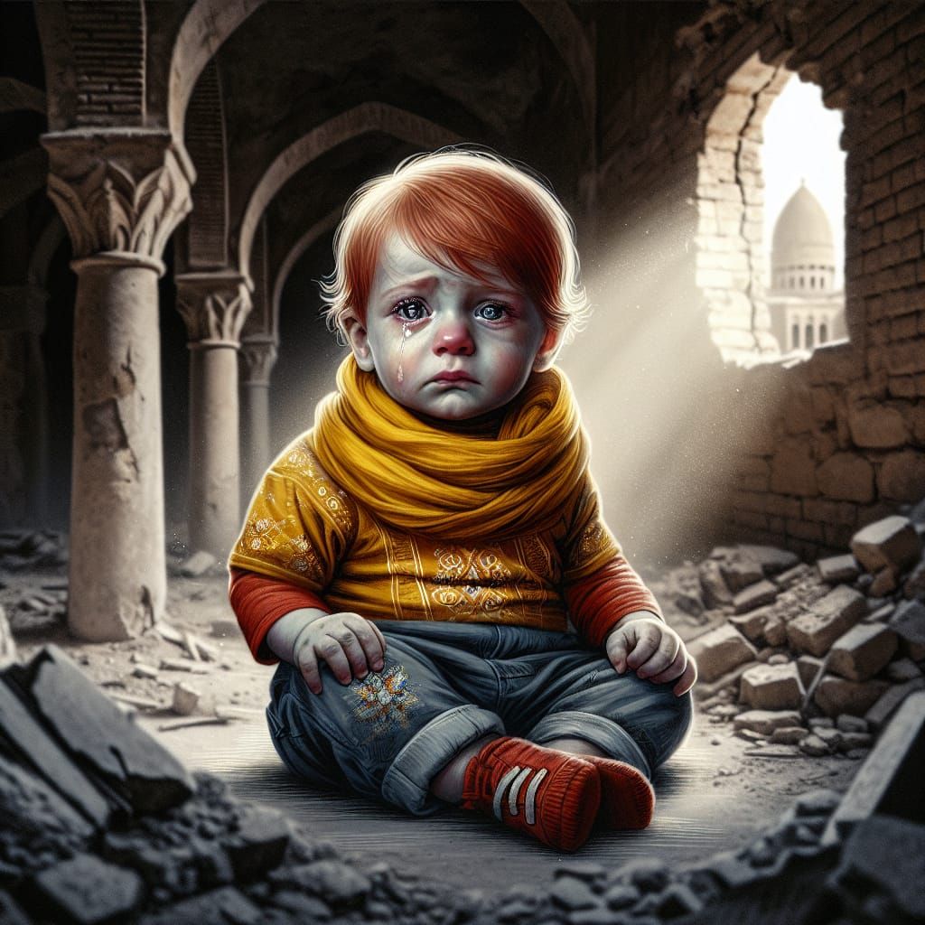 Distressed Red-Haired Baby in Mosque Ruins