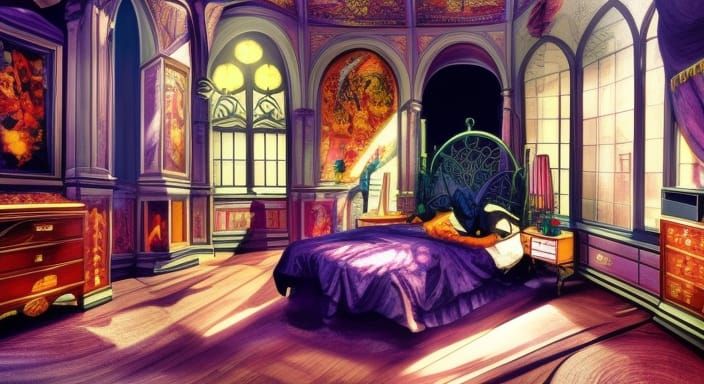 Gothic Master Bedroom with Sunlight, Maximalist Decor