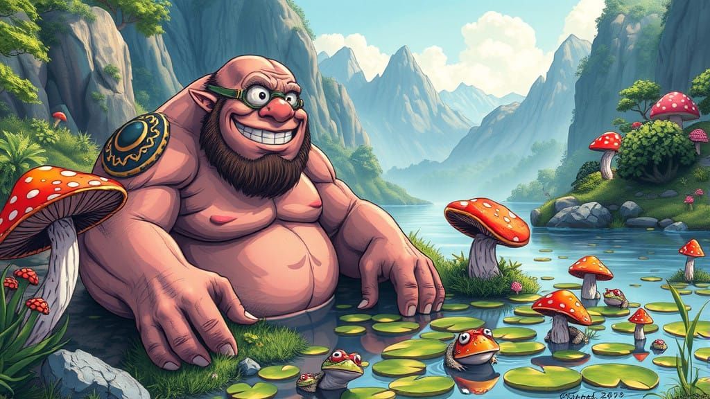 Warm Cyclops Beside Whimsical Mountain Pond