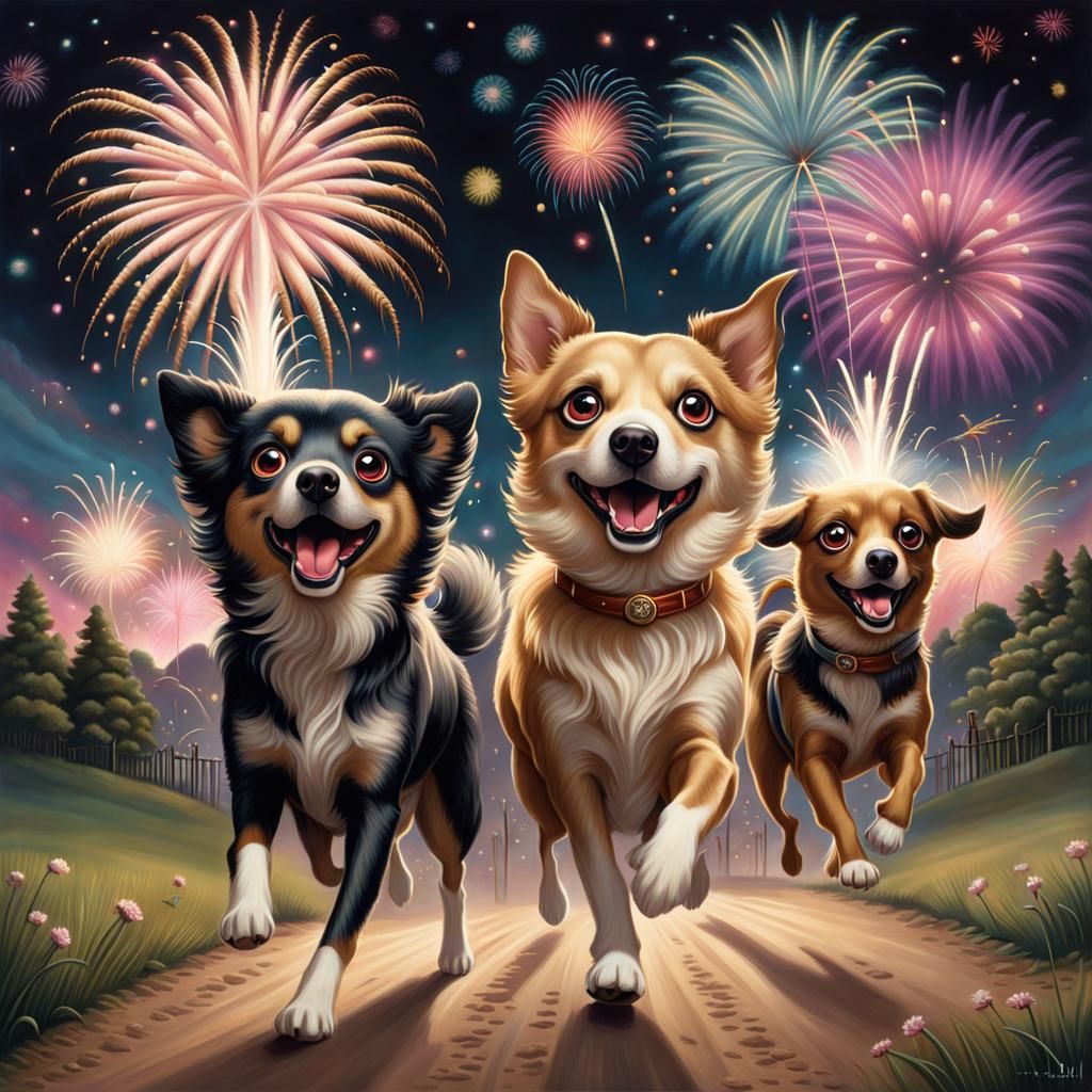 Scared Dogs Run From Fireworks Display