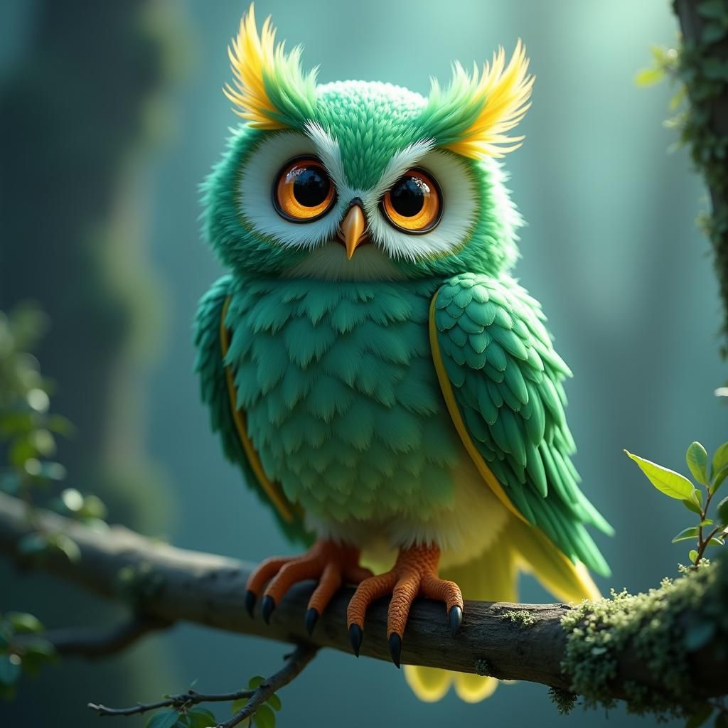 Anime Owl with Green Feathers in 3D