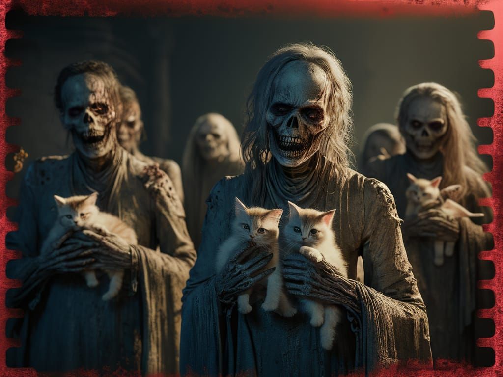 Macabre Film Still: Undead Holding Kittens