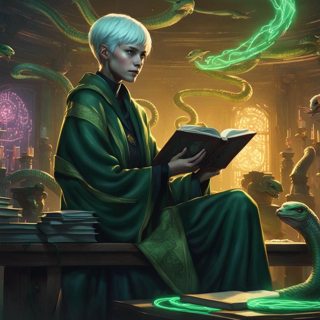 Slytherin Student in Cyberpunk Common Room