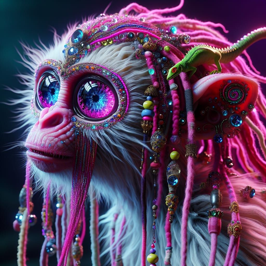 Neon Stitched Albino Monkey Monster in Fantasy Scene