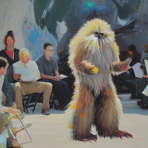 Yeti at Poetry Slam, Oil Painting