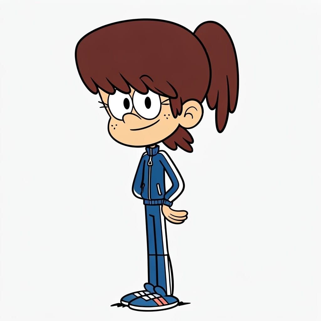 The Loud House Cartoon Style: Lynn Loud wearing a blue velour tracksuit with white stripes on the sleeves and legs. The ...
