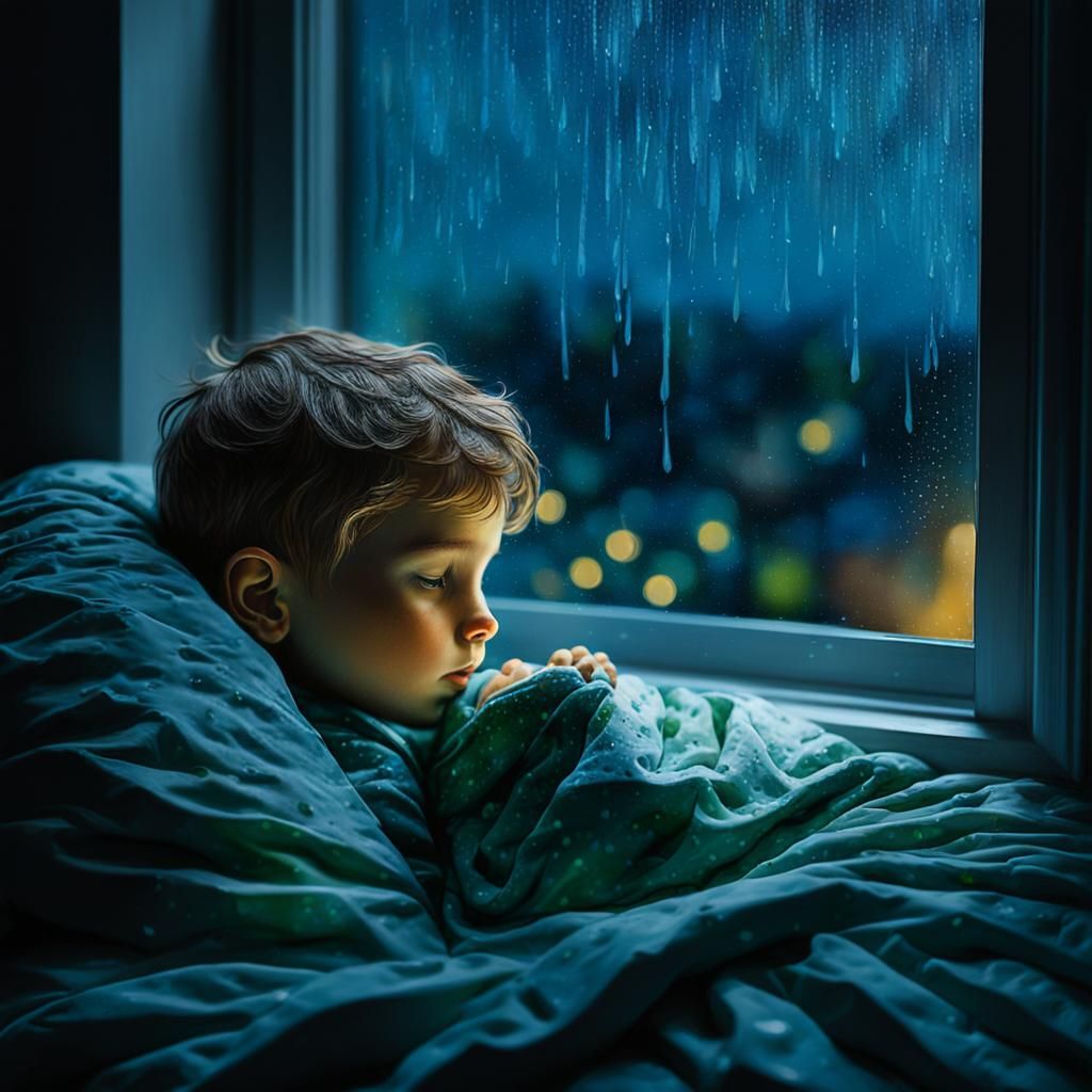 Rainy Night Window Scene in Acrylic Art Style