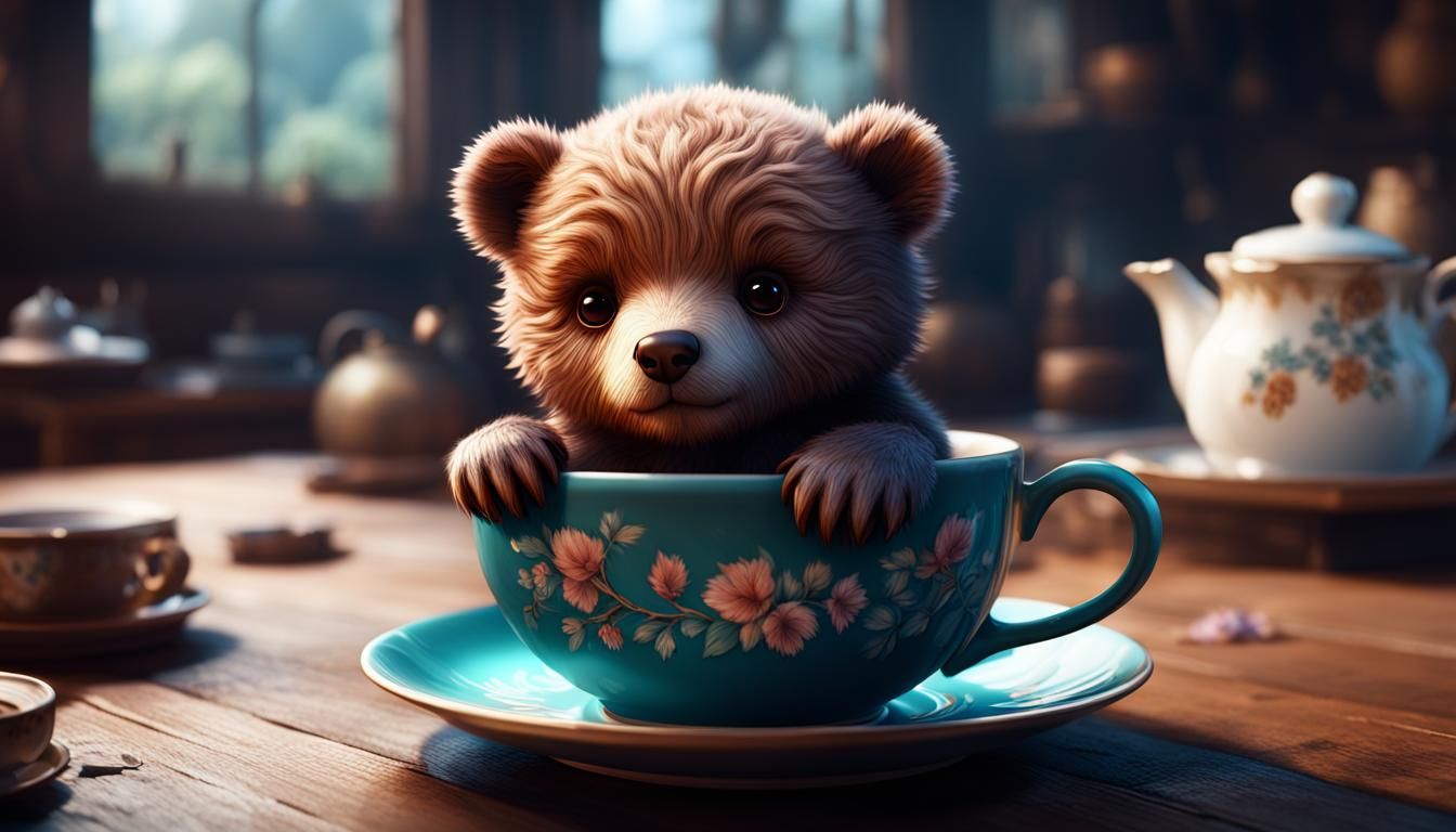 Kawaii Baby Bear Hiding Under Teacup
