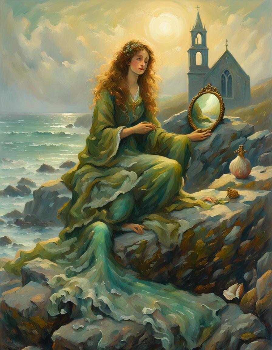 Mermaid with Mirror and Comb, in Oil Painting Style
