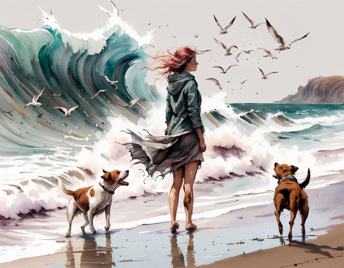 Woman and Dog Facing a Wave, Carne Griffiths Style