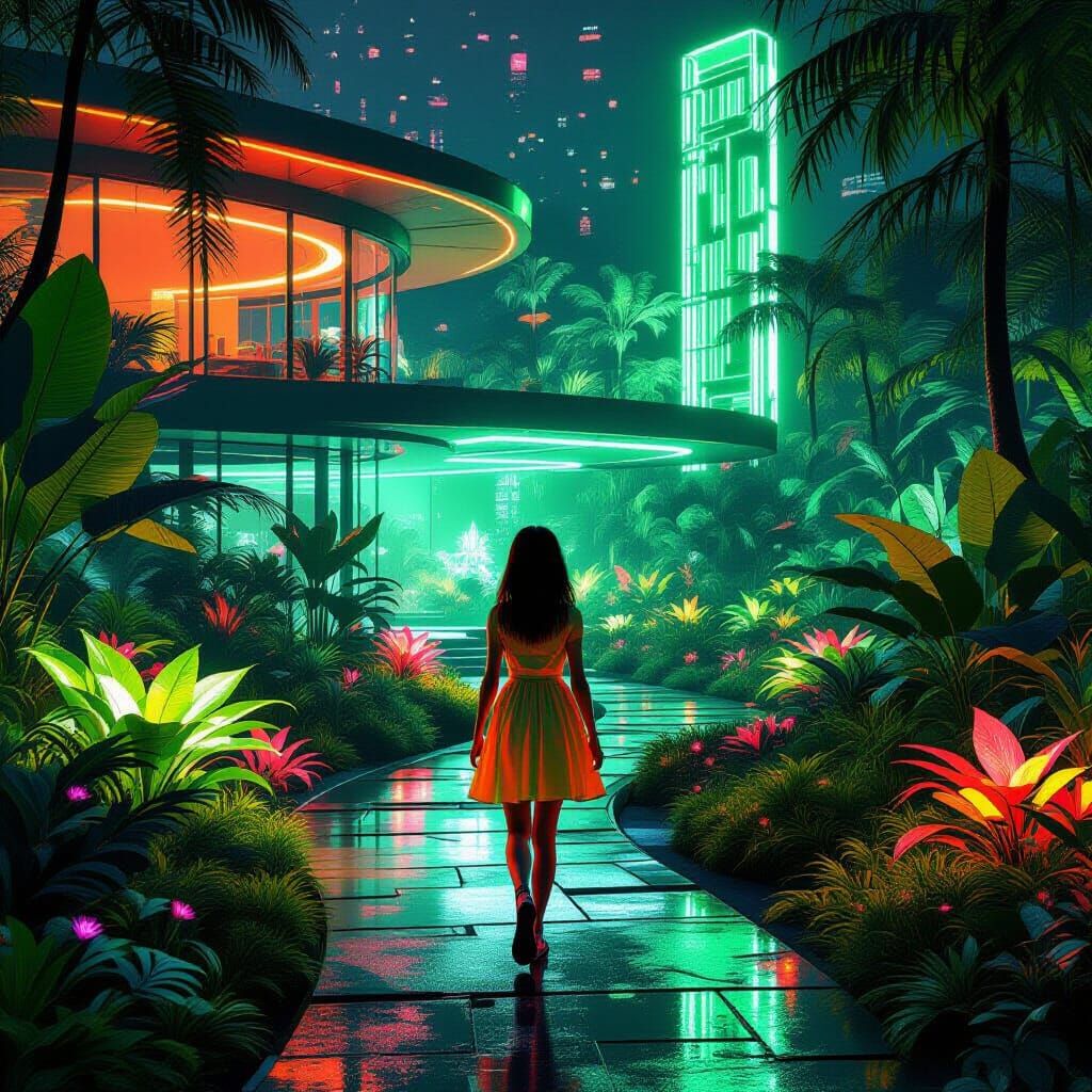 Futuristic Girl in Neon Garden, 3D Rendered