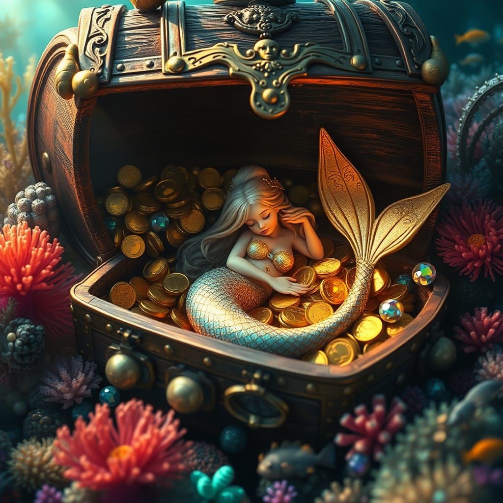 Golden Mermaid in Sunken Treasure Chest