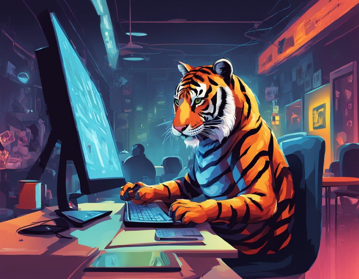 Tiger Browsing NightCafé in a Neon-Lit Room
