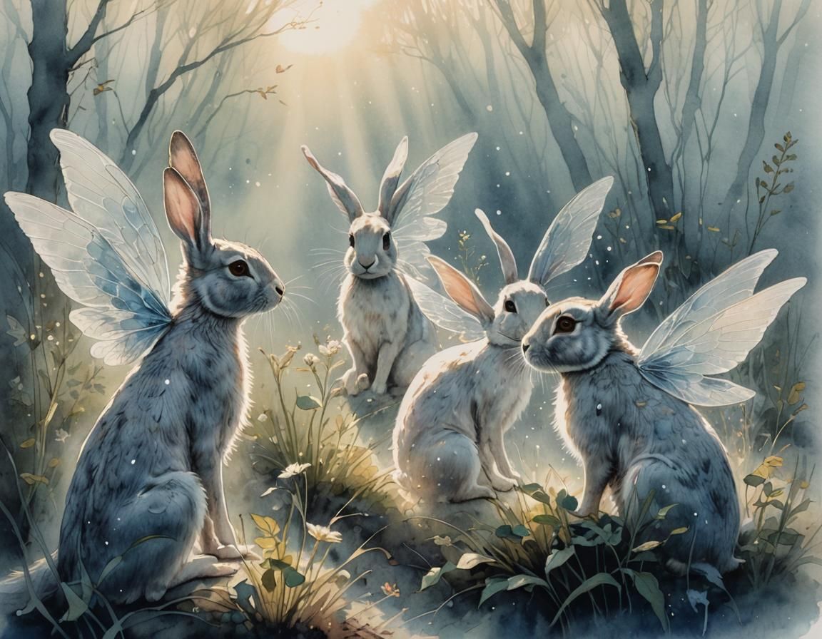 Ethereal Beings Tend Rabbit Family: Pen and Watercolor