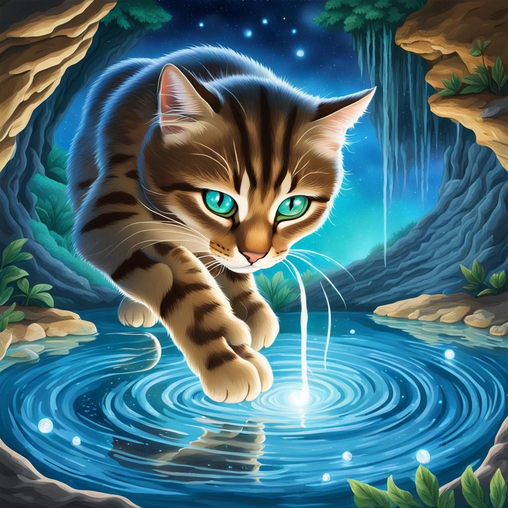 Tabby Cat Touches Moonpool in Glowing Cave