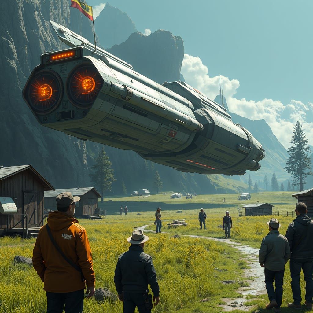 Space Freighter Landing on Green Spaceport: Hyperrealism