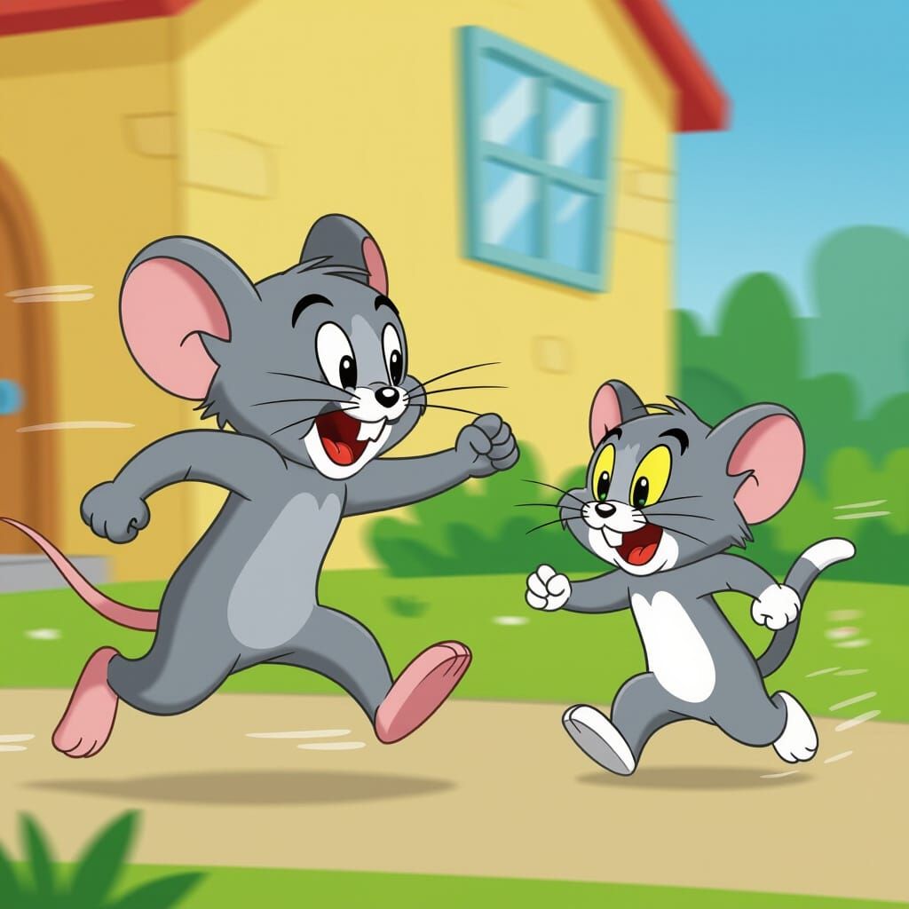 Giant Jerry Mouse Chases Shrunken Tom Cat in Cartoon Style
