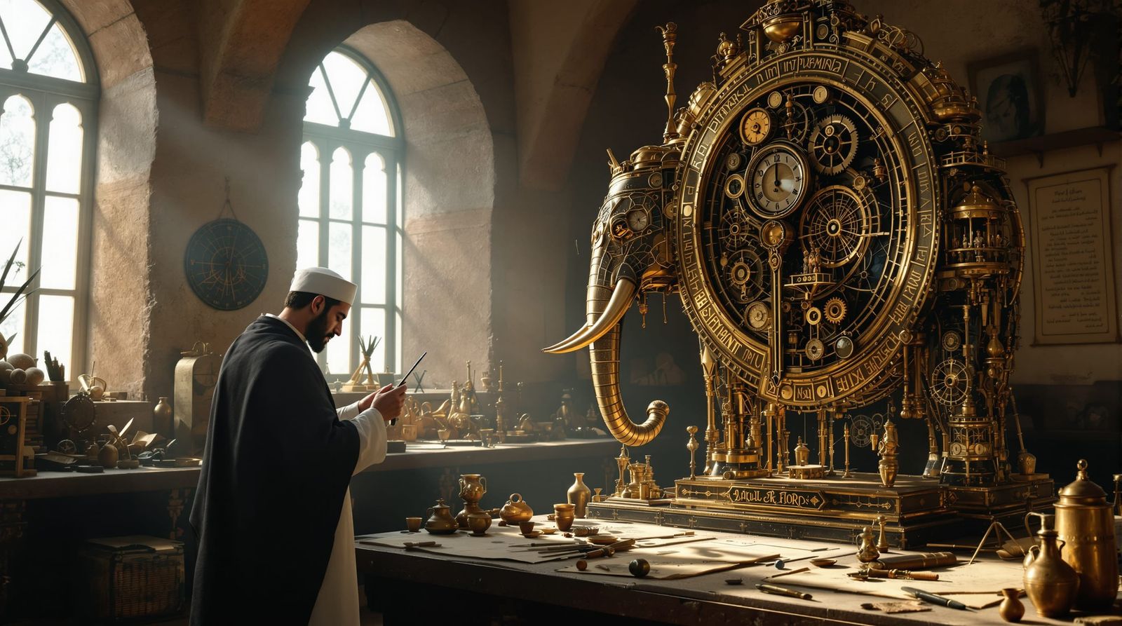 Ismail al-Jazari's Workshop: Elephant Clock Innovation