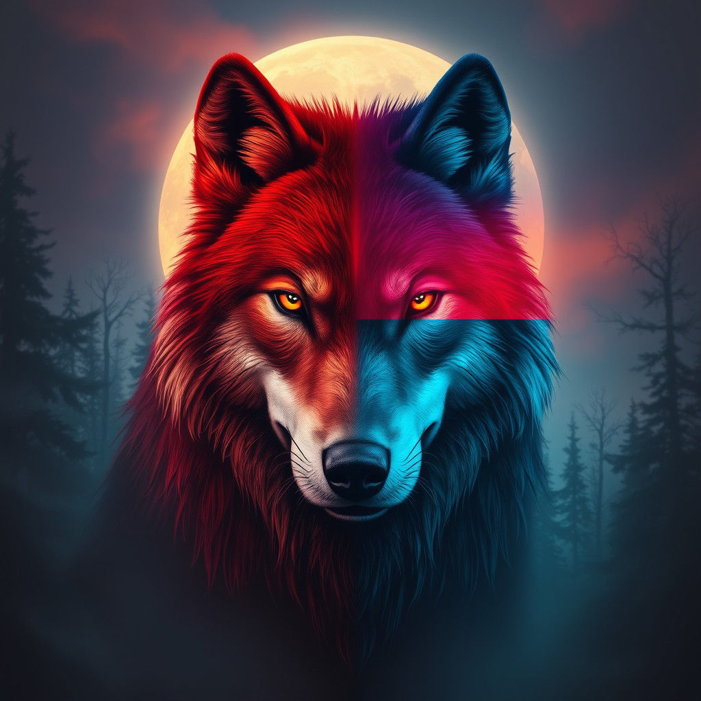 Wolf with Dichromatic Face in Digital Art Style