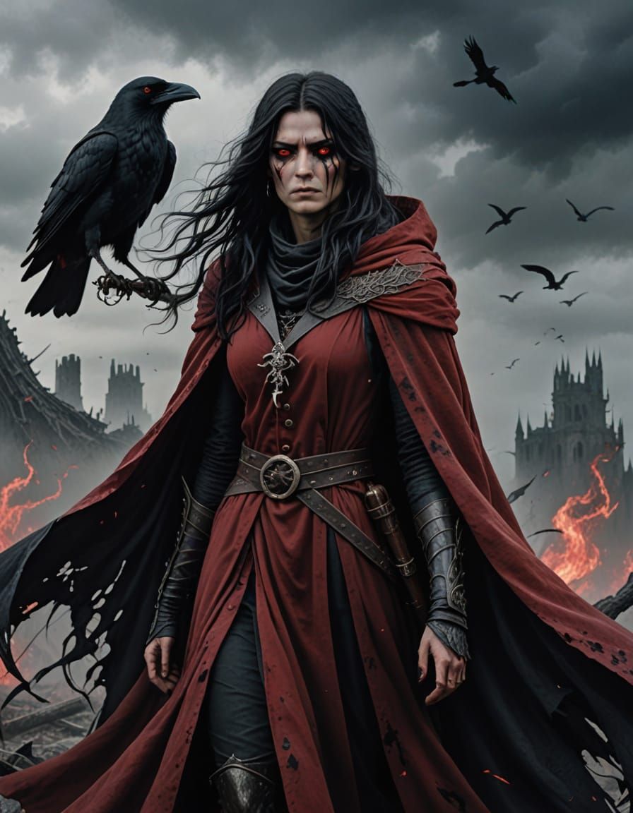 Fierce Woman with Crow on Misty Battlefield