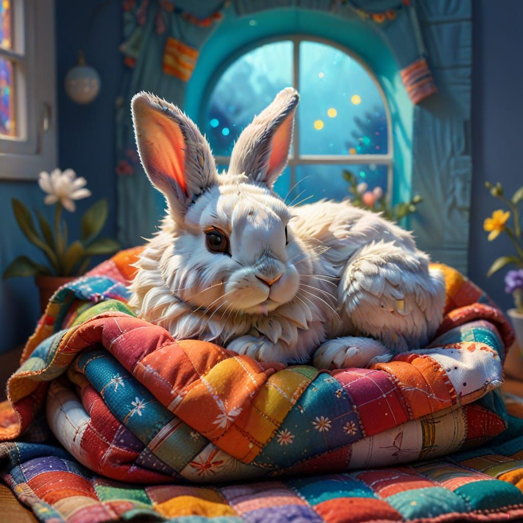 Bunny in a Dreamy Mid Century Quilted Bed in Moonlight