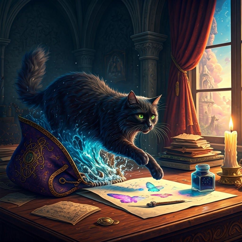 Majestic Black Cat Emerges from Mystical Bag in Dreamlike Re...