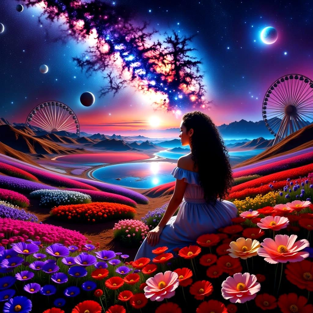 Ethereal Goddess Soars Above Vibrant Cosmic Landscape