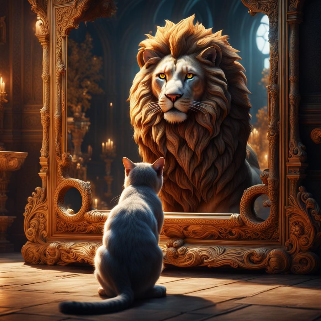 Cat's Reflection: A Lion in a Detailed Matte Painting