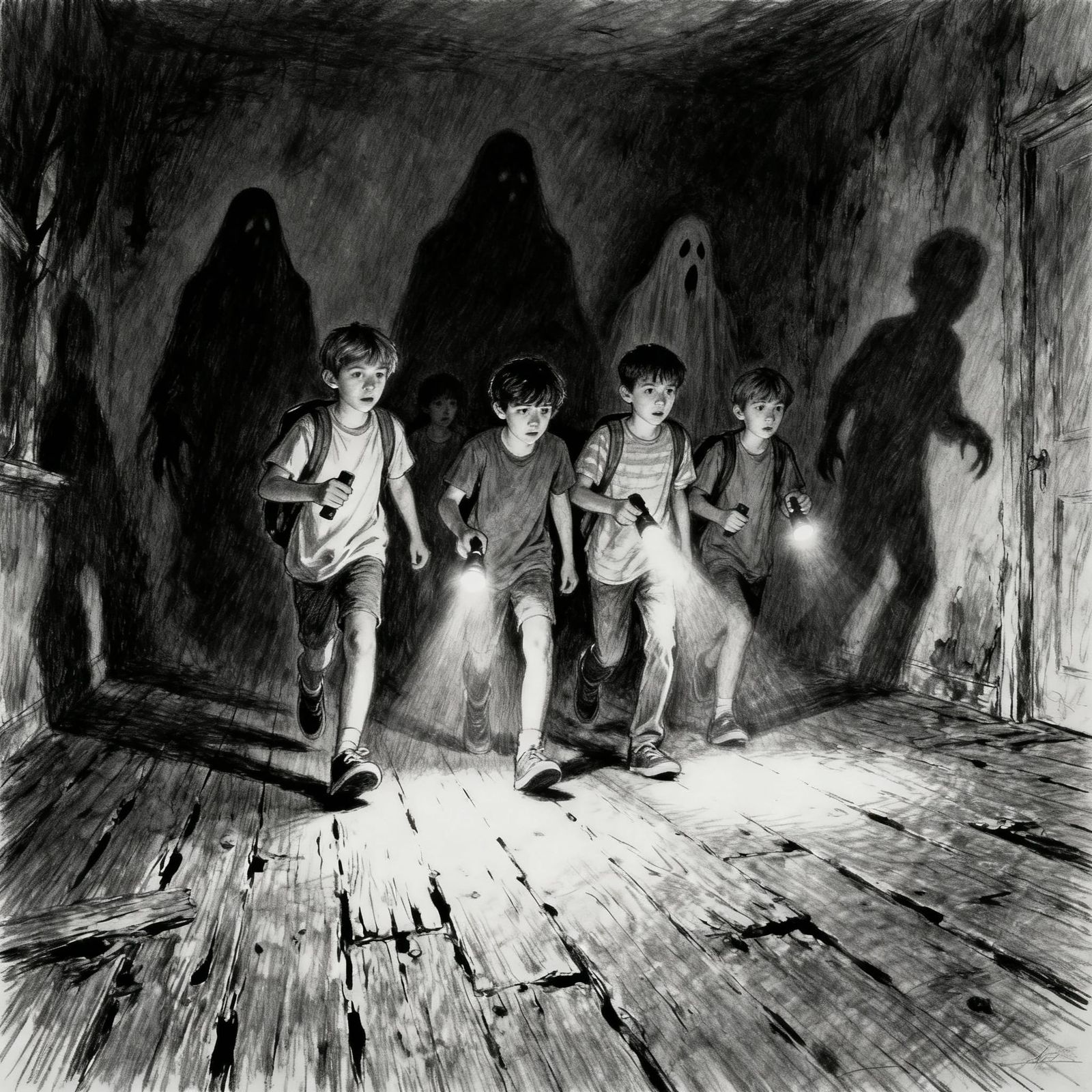 Spooky Haunted House with Shadow Figures in Charcoal